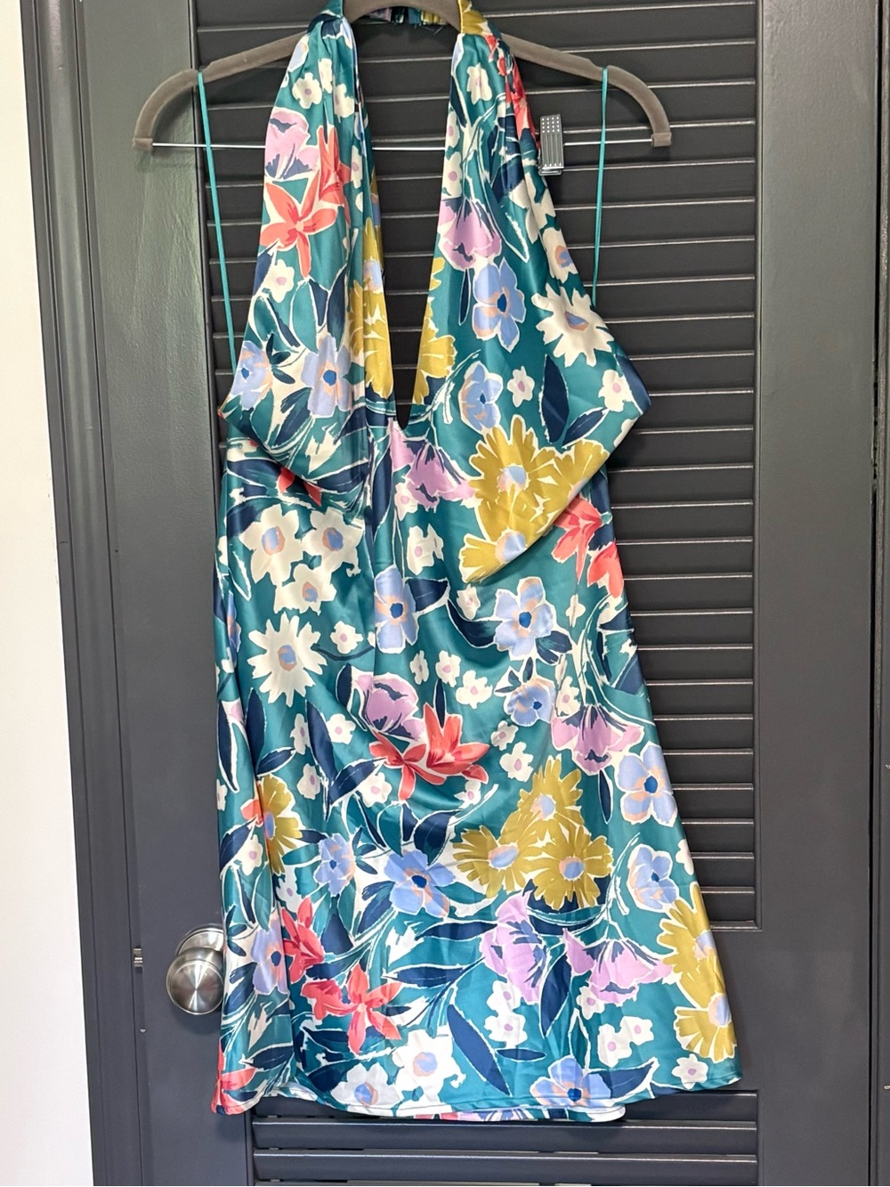 Promesa Teal Halter Floral Mini Dress with Yellow, Pink & White Accents